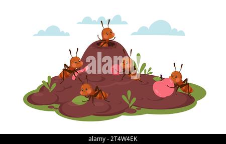 Colonie de fourmis, les fourmis portent des fruits et des insectes. Travailler ensemble, adorables insectes mignons, personnages de la nature. Environnement forestier ou prairie. Style plat de dessin animé Illustration de Vecteur