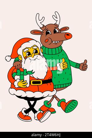 Rétro dessin animé Claus et renne de Noël . Groovy vintage des années 70 drôle Père Noël et personnages de cerfs marchant bras dans bras. Illustration de Vecteur