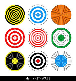 Cibles en papier du champ de tir. Cible ronde avec divisions, marques et numéros. Tir à l'arc, entraînement au tir à l'arme à feu, compétition sportive et Illustration de Vecteur