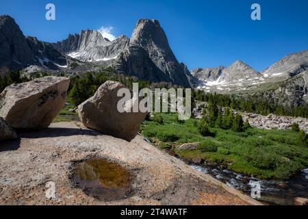 WY05551-00...WYOMING - Pingora Peak se reflétant dans une petite flaque d'eau dans le bassin du lac Lonesome de la nature sauvage Popo Agie dans la chaîne Wind River. Banque D'Images