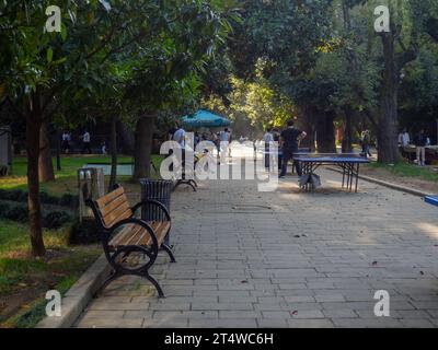 Batumi, Géorgie. 10.28.2023 Ping pong dans le parc de la ville. Divertissement dans la ville. Tables de ping-pong dans le parc. Les gens font du sport. Batumi vieux bou Banque D'Images