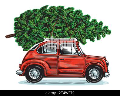 Voiture rétro rouge de Noël avec arbre de pin vert. Illustration vectorielle de bonnes vacances Illustration de Vecteur