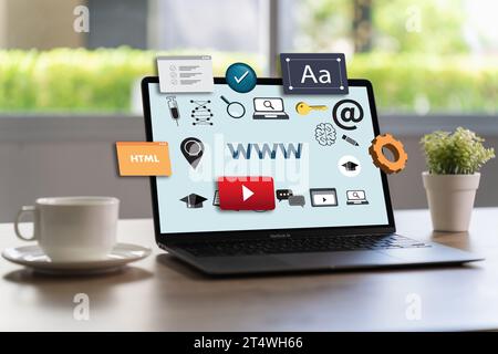 Conception de programmation site Web Accueil idées e-learning, éducation en ligne données d'analyse du trafic Web sur un ordinateur Banque D'Images