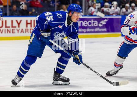 Rochester, New York, États-Unis. 1 novembre 2023. L'attaquant de Syracuse Crunch Cole Koepke (45) joue en portant une nouvelle nuque en deuxième période d'un match contre les Americans de Rochester. Les Americans de Rochester ont accueilli le Crunch de Syracuse dans un match de la Ligue américaine de hockey à Blue Cross Arena à Rochester, New York. (Jonathan Tenca/CSM). Crédit : csm/Alamy Live News Banque D'Images