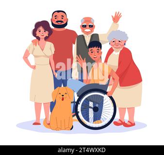 Famille heureuse avec des membres handicapés. Dessins animés souriants, adolescent en fauteuil roulant, parents et enfants ensemble, grand-père aveugle. Amour et soins Illustration de Vecteur