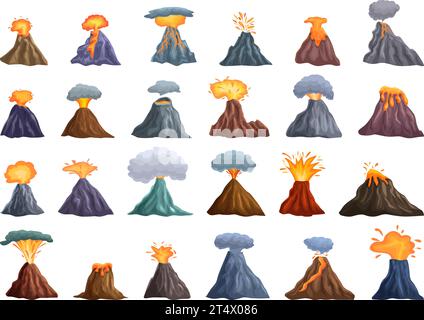Icônes d'explosion de volcan définir vecteur de dessin animé. Explosion d'éruption de lave. Nature pierre naturelle Illustration de Vecteur
