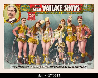 Le spectacle Great Wallace. La célèbre famille Stirk. Les plus grands cyclistes du monde. Artiste inconnu. Affiche publiée en 1898 aux Etats-Unis. Banque D'Images