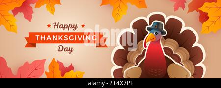 Bannière de dinde Happy Thanksgiving Day avec de la dinde Thanksgiving, des feuilles de feuillage d'automne et du lettrage Happy Thanksgiving Day. Illustration vectorielle Illustration de Vecteur