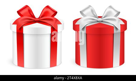 Boîtes cadeaux blanches et rouges de forme ronde enveloppées de rubans, isolées sur fond. Coffret cadeau cylindrique réaliste, illustration vectorielle. Illustration de Vecteur