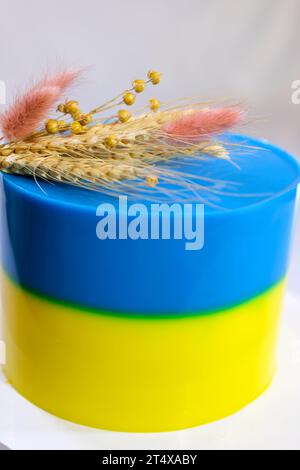 Délicieux gâteau éponge avec des épillets teints jaunes et bleus de blé et trident de l'Ukraine concept d'idée de cuisine de l'intégrité de l'amour de l'Ukraine pour le pays. patriotisme Banque D'Images