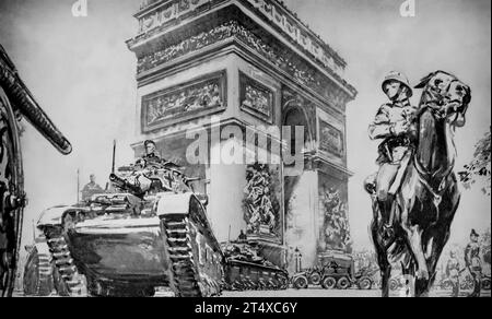 Une illustration par Harold Foster de la Wermacht entrant dans Paris le 14 juin 1940, avec des chars et des blindés passant l'Arc de Triomphe. Au cours des derniers jours, le gouvernement était parti pour Bordeaux. Banque D'Images