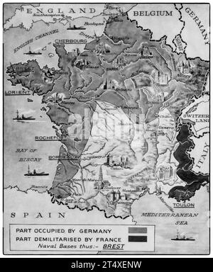 Une carte illustrant la démarcation de la France à la suite de l'armistice du 21 juin 1940 ; elles incluaient le Nord de la France, Paris et toute la côte atlantique. Banque D'Images