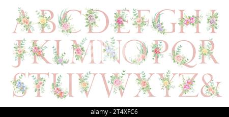 Alphabet floral. Les lettres de l'alphabet sont roses et décorées de roses aquarelles. Mariage, anniversaire, fête d'enfants, toutes les idées créatives. Banque D'Images