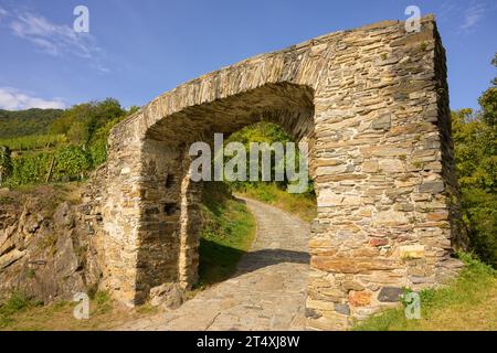 Porte rouge à Spitz an der Donau (Wachau, Basse-Autriche), journée ensoleillée en automne Banque D'Images