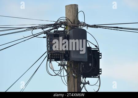 Une vue des câbles BT et des boîtes de commutation sur un poteau télégraphique à Billericay, Essex. Au Royaume-Uni, les entreprises de télécommunications remplacent la technologie qu'elles utilisent pour fournir des réseaux téléphoniques fixes (lignes fixes). Pour la plupart des clients, la mise à niveau devrait être terminée d'ici 2025. Date de la photo : jeudi 26 octobre 2023. Banque D'Images