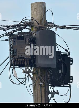 Une vue des câbles BT et des boîtes de commutation sur un poteau télégraphique à Billericay, Essex. Au Royaume-Uni, les entreprises de télécommunications remplacent la technologie qu'elles utilisent pour fournir des réseaux téléphoniques fixes (lignes fixes). Pour la plupart des clients, la mise à niveau devrait être terminée d'ici 2025. Date de la photo : jeudi 26 octobre 2023. Banque D'Images