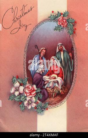 Motifs de cartes de Noël vintage des années 1940, la Sainte famille, l'arrivée des Mages, décorations, scènes d'hiver Banque D'Images