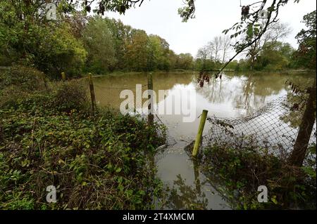 Sentier public inondé et terres agricoles à Horley, Surrey le 2 novembre 2023 après la tempête Ciaran. Banque D'Images