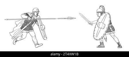 Légionnaire romain contre la Gaule. Jules César Guerre gauloise. Dessin historique. Banque D'Images