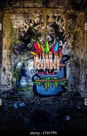 Graffiti d'un lieu perdu, un ancien parc aquatique et d'attractions qui est récupéré par la nature. Festival Taman Bali, Padang Galak, Indonésie, Asie Banque D'Images