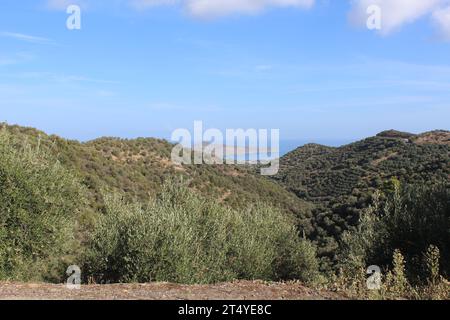 Marcher en Crète - vue vers l'île Agioi Theodoroi au large de la côte à Agia Marina, Crète, Grèce Banque D'Images