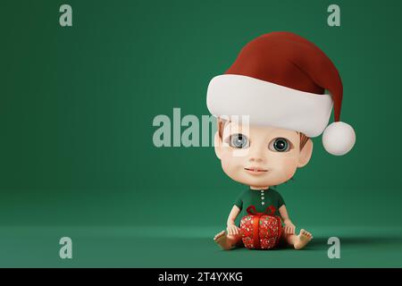 Mignonne petite fille portant le chapeau du Père Noël. rendu 3d. Banque D'Images