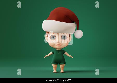 Mignonne petite fille portant le chapeau du Père Noël. rendu 3d. Banque D'Images