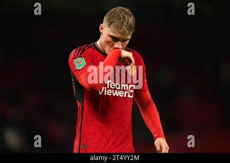 Rasmus Hojlund de Manchester United réagit après le match du quatrième tour de la Carabao Cup à Old Trafford, Manchester. Date de la photo : mercredi 1 novembre 2023. Banque D'Images