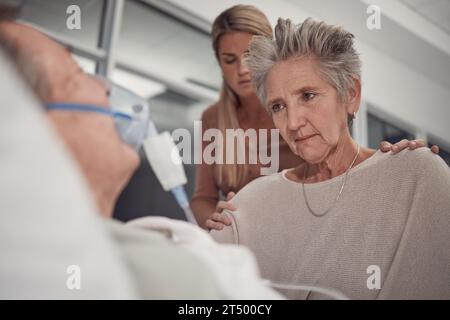 Famille triste, vieille femme et homme au lit à l'hôpital avec ventilateur pour la respiration, les soins de santé ou le soutien. Femme aînée, mari et lit de mort avec cancer Banque D'Images