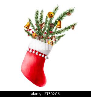 Bas de noël rouge aquarelle pour cadeaux avec branche de pin, cèdre, cônes de sapin, cloches dorées de baies. Illustration du nouvel an de vacances isolé sur WHI Banque D'Images
