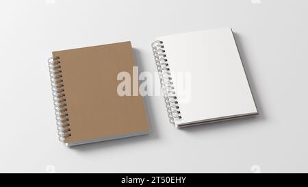 Maquette d'ordinateur portable. Carnet vierge fermé et ouvert avec couverture en papier artisanal. Bloc-notes en spirale sur fond blanc. illustration 3d. Banque D'Images