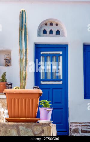 Un cactus en pot positionné sur le fond d'une porte bleue vibrante, caractéristique d'une maison grecque traditionnelle Banque D'Images