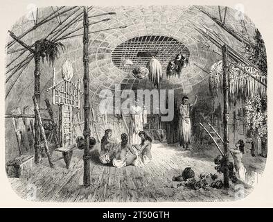 Intérieur d'une cabane traditionnelle dans les îles Andaman et Nicobar, océan Indien. Gravure ancienne du 19e siècle du Tour du monde 1860 Banque D'Images