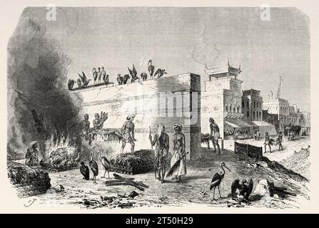 Crémation des morts sur des bûchers funéraires, Calcutta, Inde du Sud, Océan Indien. Gravure ancienne du 19e siècle du Tour du monde 1860 Banque D'Images