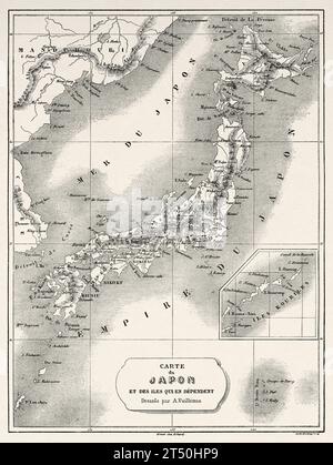 Ancienne carte du Japon et de ses îles dépendantes, Japon, Asie. Voyages en Chine et au Japon par le marquis Alfred de Moges 1857 - 1858. Gravure ancienne du 19e siècle du Tour du monde 1860 Banque D'Images