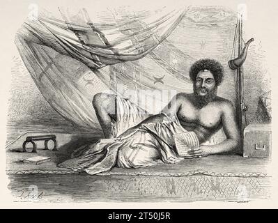 Vieux portrait de Ratu Seru Epenisa Cakobau (1815 - 1883) roi des îles Fidji. Mélanésie, Océanie dans le sud-ouest de l'océan Pacifique. Voyage au Grand Viti, grand océan équinocial par John Denis Macdonald 1855. Gravure ancienne du 19e siècle du Tour du monde 1860 Banque D'Images