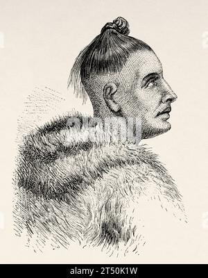 Eskimo man, explorations arctiques dans les années 1853, 1854, 1855 par Elisha Kent Kane. Gravure ancienne du 19e siècle du Tour du monde 1860 Banque D'Images