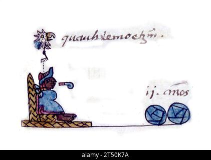 Cuauhtemoc. Illustration du dernier empereur aztèque, Cuauhtémoc (c. 1497-1525), également connu sous le nom de Cuauhtemotzín, Guatimozín ou Guatémoc. Tiré du Codex Aubin, 1576 Banque D'Images