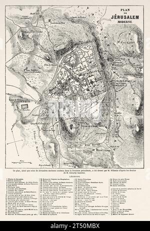 Jérusalem ancienne carte. Voyages en Palestine, 1856-1859. Gravure ancienne du 19e siècle du Tour du monde 1860 Banque D'Images