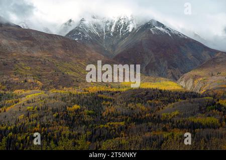 Paysage montagneux vues d'automne le long de la route de l'Alaska dans le parc national et réserve Kluane, Yukon, Canada. Banque D'Images