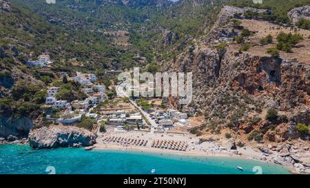 Vue aérienne de la plage de Kira Panagia à Karpathos, Grèce Banque D'Images