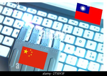 Frappe manuelle robotique sur un clavier avec les drapeaux taïwanais et chinois. Concept de bataille pour l'appareil de l'industrie. Banque D'Images
