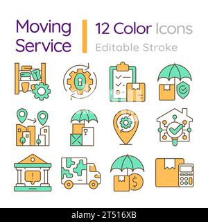 Icônes de ligne colorées modifiables définies pour le déplacement du service Illustration de Vecteur