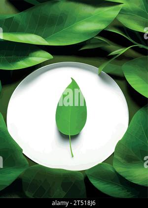 Detox cutanée. Concept de cosmétiques de soins de la peau bio. Produit de soin de beauté. Maquette ronde dans les feuilles tropicales sur le fond. Copier maquette d'espace, illustration vectorielle, concept de cosmétiques naturels Illustration de Vecteur