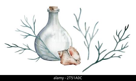 Ensemble de bocal en verre, vase avec bouchon en bois, couvercle, coquille. Algues bleu océan, corail. Clipart dessiné à la main aquarelle isolé sur fond blanc. jeu de Banque D'Images