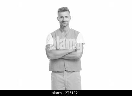 superviseur homme joyeux dans le studio blanc. homme superviseur en arrière-plan. photo d'un homme superviseur portant une veste réfléchissante. homme superviseur isolé sur whi Banque D'Images