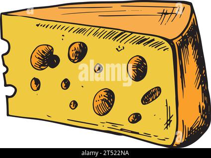Illustration dessinée à la main en couleur vectorielle avec morceau de fromage. Esquisse dessinée à la main. Image de style gravure. Pour menu, flyer, publicité, design Illustration de Vecteur