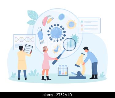 Illustration vectorielle de recherche épidémiologie, bactériologie et maladies infectieuses. Des personnes minuscules de dessin animé avec la loupe et le microscope de laboratoire étudient les micro-organismes dans la boîte de Petri, les tubes à essai Illustration de Vecteur