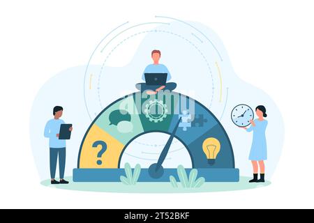 Amélioration de l'illustration vectorielle des compétences soft business. Les personnes minuscules de dessin animé déplacent la flèche sur l'indicateur pour améliorer le leadership, la résolution de problèmes et la capacité de communication sociale de la personne ou de l'équipe Illustration de Vecteur