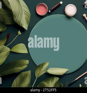 Detox cutanée. Concept de cosmétiques de soins de la peau bio. Produit de soin de beauté. Maquette ronde dans les feuilles tropicales sur le fond. Copier maquette d'espace, illustration vectorielle, concept de cosmétiques naturels Illustration de Vecteur